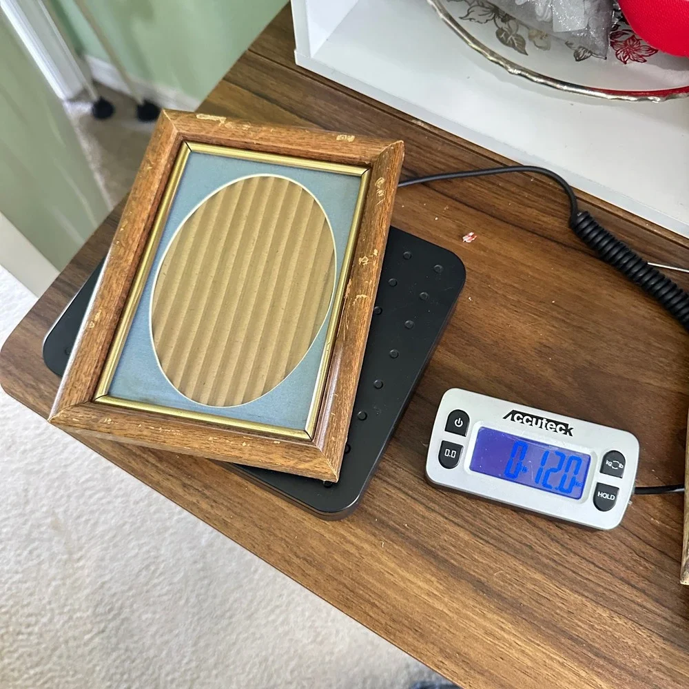 Vintage Wood Picture Frame Blue Oval Mat Gold Trim 5x7 Distressed Rustic Decor
